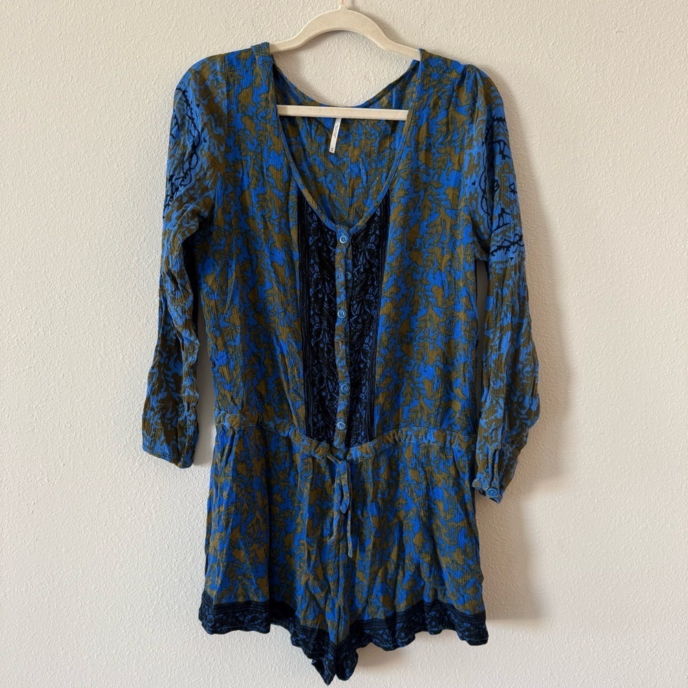 Free People Blue and Gold Resort Romper Medium - Picture 2 of 8
